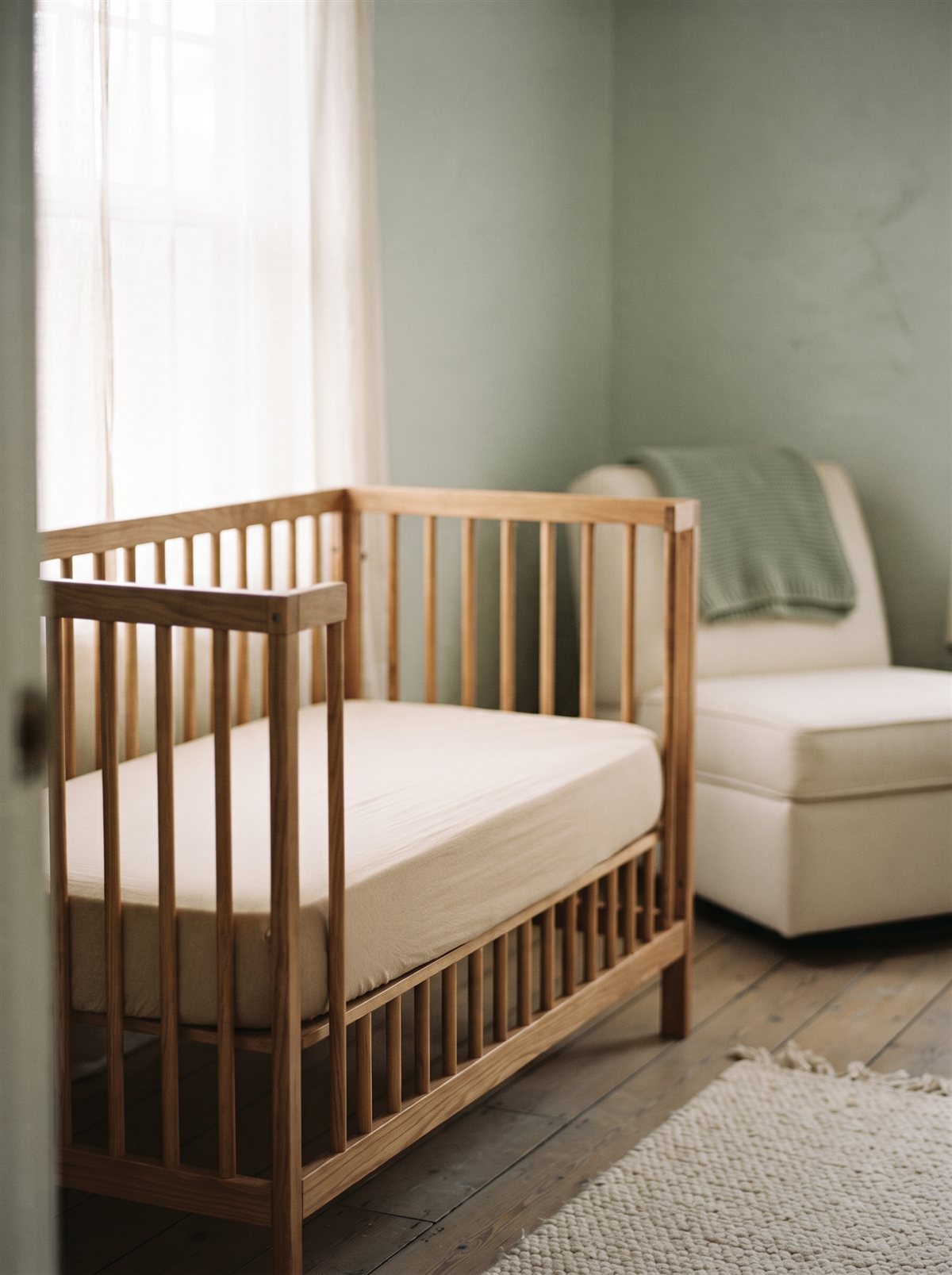 Chapter 1, in one picture: a firm flat mattress, a fitted sheet, and nothing else in the crib.